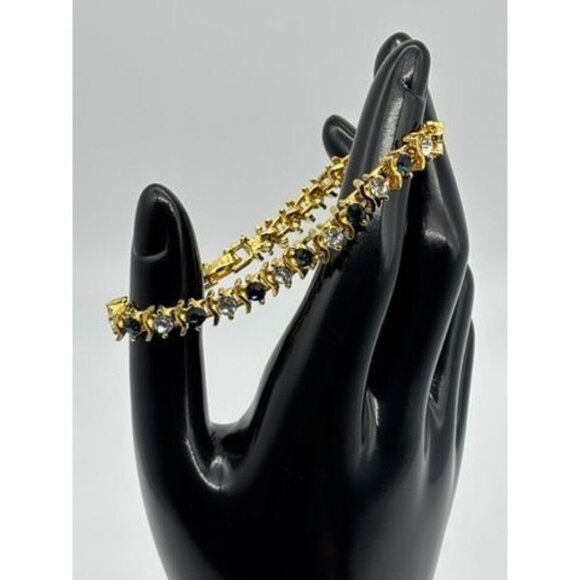 Vintage Gold Tone Metal and Faux Sapphire Faux Diamond Tennis Style Bracelet 80s - Picture 6 of 13